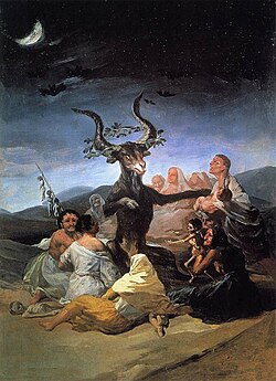 Francisco de Goya's Witches Sabbat (1789), which depicts the Devil flanked by Satanic witches. The Witch Cult hypothesis states that such stories are based upon a real-life pagan cult that revered a horned god