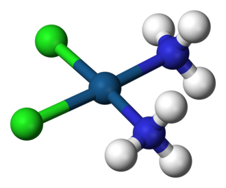 Cisplatin, PtCl2(NH3)2, is a coordination complex of platinum(II) with two chloride and two ammonia ligands. It is one of the most successful anticancer drugs. (Cl=green, Pt=dark blue, N=blue, H=white)