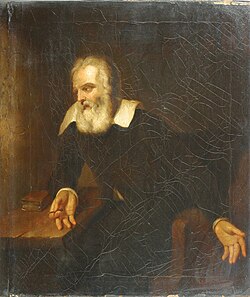 Portrait, originally attributed to Murillo, of Galileo gazing at the words "E pur si muove" (And yet it moves; not legible in this image) scratched on the wall of his prison cell. The attribution and narrative surrounding the painting have since been contested.