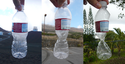 This plastic bottle was sealed at approximately 4,300 metres (14,000 ft) altitude, and was crushed by the increase in atmospheric pressure, recorded at 2,700 metres (9,000 ft) and 300 metres (1,000 ft), as it was brought down towards sea level.