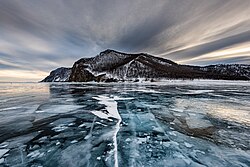 Frozen Lake Baikal near Olkhon Island, the third-largest lake island in the world