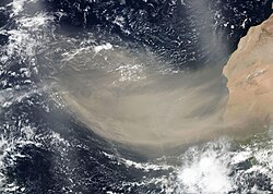 Satellite image of wind-blown mineral dust over the Atlantic. Dust may become terrigenous sediment on the seabed.