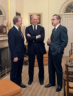 President Jimmy Carter and ex-presidents Gerald Ford and Nixon meet at the White House before former vice president Hubert Humphrey's funeral, 1978