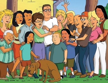 Several of the major characters in the series. From left to right: Didi Hill, Cotton Hill, Minh Souphanousinphone, Kahn Souphanousinphone, Connie Souphanousinphone, Ladybird (dog), Peggy Hill, Hank Hill, Bobby Hill, Luanne Platter, Joseph Gribble, Jeff Boomhauer, Bill Dauterive, Dale Gribble, Nancy Hicks-Gribble, and John Redcorn.