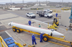 A GEM 40 solid rocket motor being prepared for integration with a Delta II launch vehicle