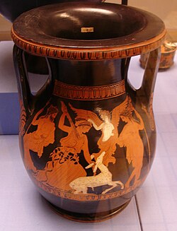Artemis hunting a stag, surrounded by Zeus (left), Nikê (top) and Apollo (right). The goddess is wielding a torch. Attic red-figured pelike 370–350 BCE. From Campania, South Italy. British Museum, London