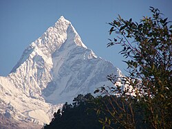 Machapuchare, a sacred Nepalese mountain, viewed from foothills
