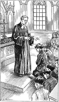 A Lutheran minister wearing a Geneva gown and bands. In many churches, ministers wear distinctive clothing, called vestments, when presiding over services of worship.
