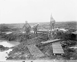 Canadian Pioneers laying trench mats over mud