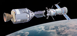 Artist's rendering of an Apollo CSM about to dock with a Soyuz spacecraft