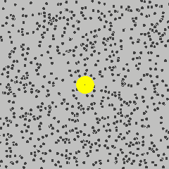 A simulation of a larger, but still microscopic, particle (in yellow) surrounded by a gas of smaller particles, illustrating Brownian motion
