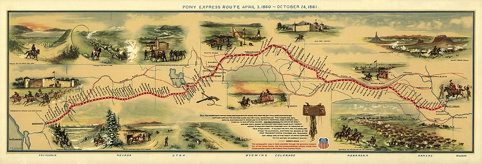 Illustrated Map of Pony Express Route in 1860by William Henry Jackson~ Courtesy the Library of Congress ~The Pony Express mail route, April 3, 1860 – October 24, 1861; reproduction of Jackson illustration issued to commemorate the 100th anniversary of Pony Express founding on April 3, 1960. Reproduction of Jackson's map issued by the Union Pacific Railroad Company.