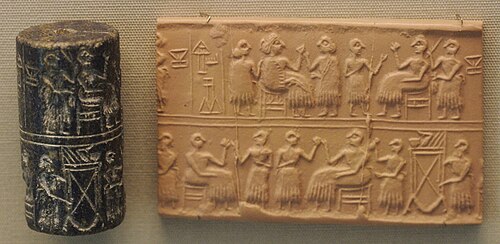 Cylinder seal of First Dynasty of Ur Queen Puabi, found in her tomb, dated circa 2600 BC, with modern impression. Inscription: 𒅤𒀜 𒎏 - Pu3-abi(AD) Nin - Queen Pu-abi.[1][2][3]