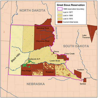 A map of the Great Sioux Reservation as established in 1868. "Unceded lands" for Cheyenne and Sioux use were west of the reservation in Montana and Wyoming. The desire of the U.S. government to obtain the Black Hills was the principal cause of the Great Sioux War.
