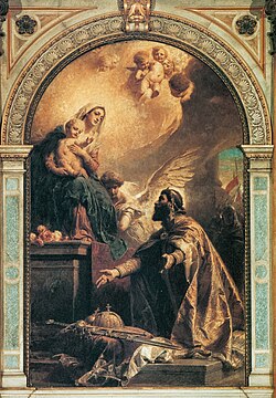 King Saint Stephen offering the Hungarian crown to Virgin Mary – painting by Gyula Benczúr, in the St. Stephen's Basilica, Budapest