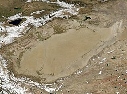 NASA photo of the endorheic Tarim Basin, China