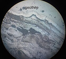 A microscopic picture of goethite (name misspelled on picture)