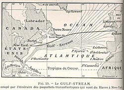 Map of the Gulf Stream, a major ocean current that transports heat from the equator to northern latitudes and moderates the climate of Europe