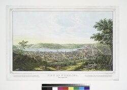 Panoramic map of Wheeling from Chapline Hill in 1854 with list of sites