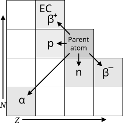 Transition diagram for decay modes of a radionuclide, with neutron number N and atomic number Z (shown are α, β±, p+, and n0 emissions, EC denotes electron capture).