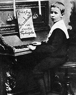 Prokofiev, aged 9, with the score of his opera The Giant