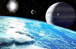 Artist's impression of a moon with surface water oceans orbiting within the circumstellar habitable zone