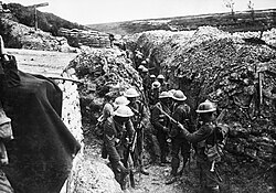 Men of the 1st Battalion, Lancashire Fusiliers in a communication trench near Beaumont Hamel, 1916