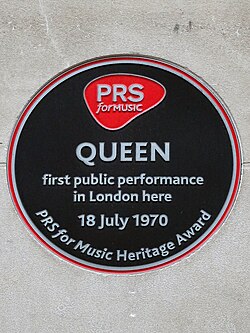 PRS for Music heritage award at Prince Consort Road commemorating Queen's first performance in London
