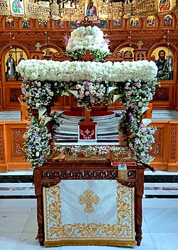Epitaphios adorned for veneration, Church of Saints Constantine and Helen, Hippodromion Sq., Thessaloniki, Greece