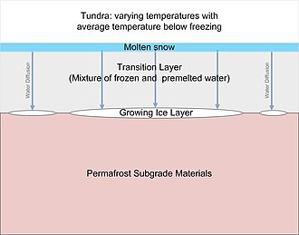 Ice lens formation within tundra.
