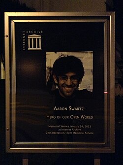 Aaron Swartz Memorial sign at Internet Archive headquarters, San Francisco, January 24, 2013