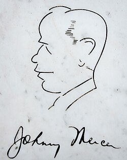 Self-portrait and signature of Johnny Mercer from bench at his grave in Bonaventure Cemetery in Savannah, Georgia