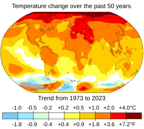 Over the last 50 years the Arctic has warmed the most, and temperatures on land have generally increased more than sea surface temperatures.[18]