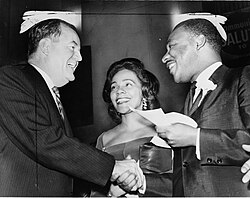 Coretta Scott with her husband and Vice President-elect Hubert Humphrey on December 17, 1964