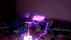 Homemade Tesla coil. Ozone is produced in the corona discharge.