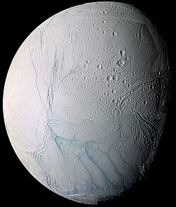 A false-color photo mosaic of Enceladus, highlighting its ridges, impact craters and plains