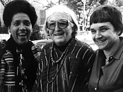 Audre Lorde (left) with writers Meridel Le Sueur (middle) and Adrienne Rich (right) at a writing workshop in Austin, Texas, 1980