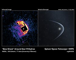 Infrared image and artist's concept of the bow shock around R Hydrae