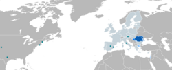 Map highlighting the use of the Romanian language worldwide, both as a native and as a foreign language
