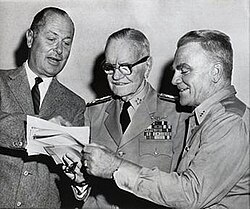 Robert Montgomery, "Bull" Halsey, and Cagney on set
