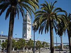 The Ferry Building, located in the Embarcadero, the city's eastern waterfront along San Francisco Bay