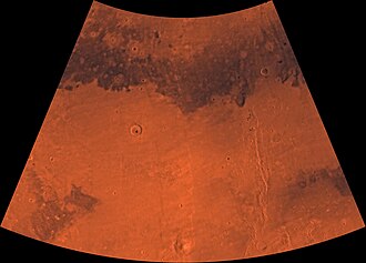 Image of the Cebrenia Quadrangle (MC-7). The northwest contains relatively smooth plains; the southeast contains Hecates Tholus (one of three Elysium shield volcanoes) and Phlegra Montes (a ridge system).