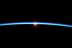 The Thin Blue Line photograph was taken from the International Space Station in 2009.[15] Author Frank White's description of interviews with astronauts emphasized their perception of the "striking thinness of the atmosphere".[9]