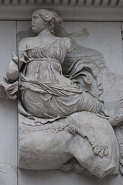 Selene riding horseback, detail of the Gigantomachy frieze, Pergamon Altar, Pergamon museum, Berlin, c. 180–159 BC.[88]