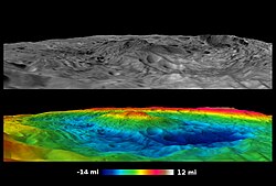 Computer-generated oblique view of Rheasilvia, with color-coded elevation in the lower version. A flyover video is available at the source.
