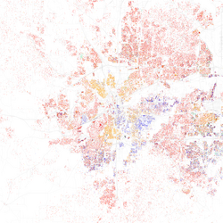 Map of racial distribution in Fort Worth, 2010 U.S. census. Each dot is 25 people: ⬤ White ⬤ Black ⬤ Asian ⬤ Hispanic ⬤ Other