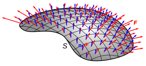 To calculate the flux of a vector field F (red arrows) through a surface S the surface is divided into small patches dS. The flux through each patch is equal to the normal (perpendicular) component of the field, the dot product of F(x) with the unit normal vector n(x) (blue arrows) at the point x multiplied by the area dS. The sum of F · n, dS for each patch on the surface is the flux through the surface.