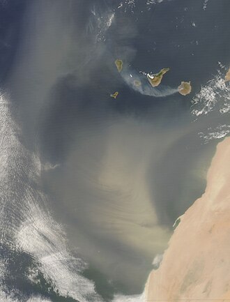 Dust blowing from the Sahara Desert over the Atlantic Ocean towards the Canary Islands