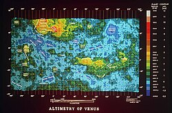 Color-coded elevation map, showing the elevated terrae "continents" in yellow: Ishtar Terra at the top.