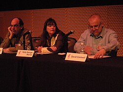 No Depression senior editors Barry Mazor (left) and David Cantwell; seated between them is Holly George-Warren, author of Public Cowboy No. 1, a biography of Gene Autry.